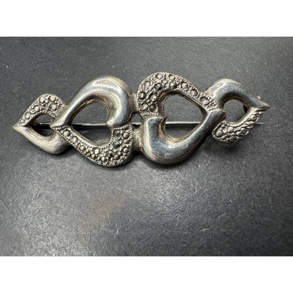 Vintage 925 Sterling Silver Marcasite Interlocking HEARTS Brooch Pin 54.7mm